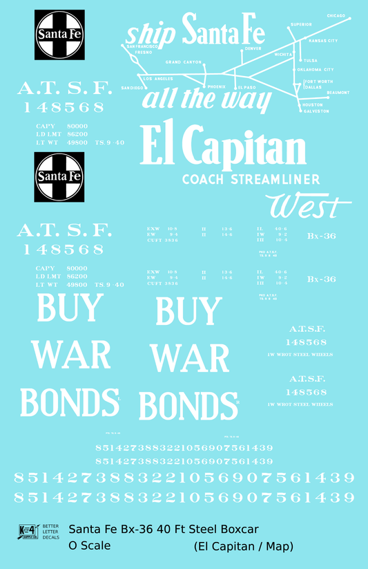 Santa Fe 40 Ft Single Door Boxcar White El Capitan Buy War Bonds - Decal Sheet