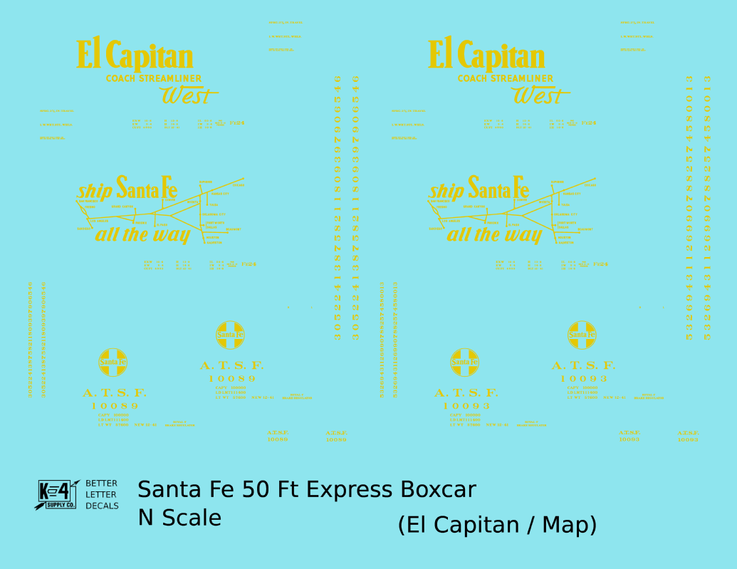 Santa Fe 50 Ft Double Door Express Boxcar Dulux Gold El Capitan/Map