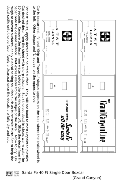 Santa Fe 40 Ft Single Door Boxcar White Grand Canyon - Decal
