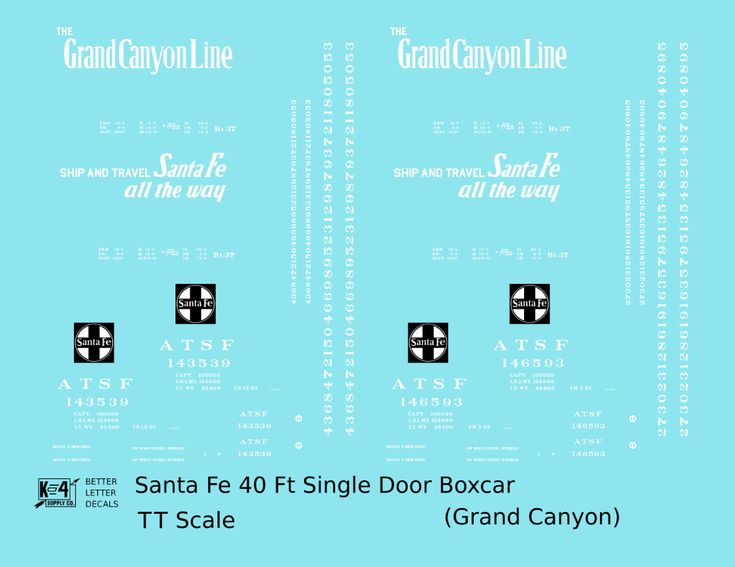 Santa Fe 40 Ft Single Door Boxcar White Grand Canyon - Decal - Choose Scale