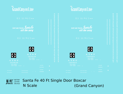 Santa Fe 40 Ft Single Door Boxcar White Grand Canyon - Decal - Choose Scale