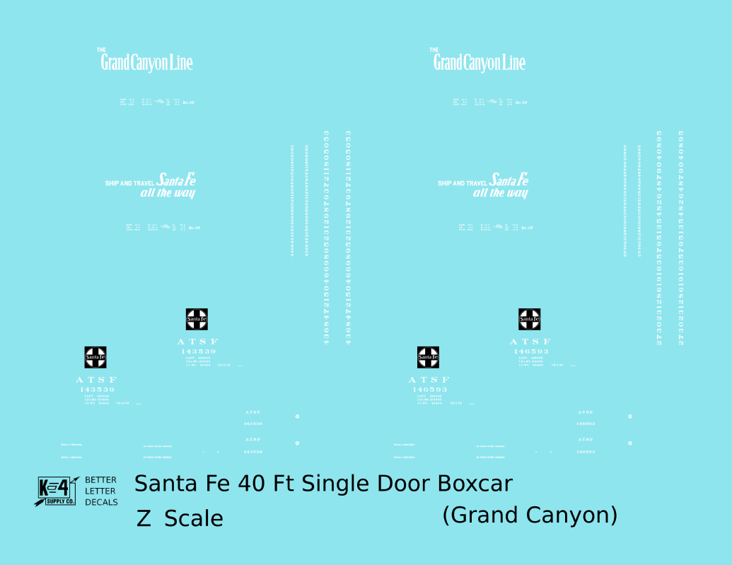Santa Fe 40 Ft Single Door Boxcar White Grand Canyon - Decal - Choose Scale