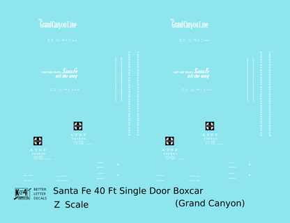 Santa Fe 40 Ft Single Door Boxcar White Grand Canyon - Decal - Choose Scale