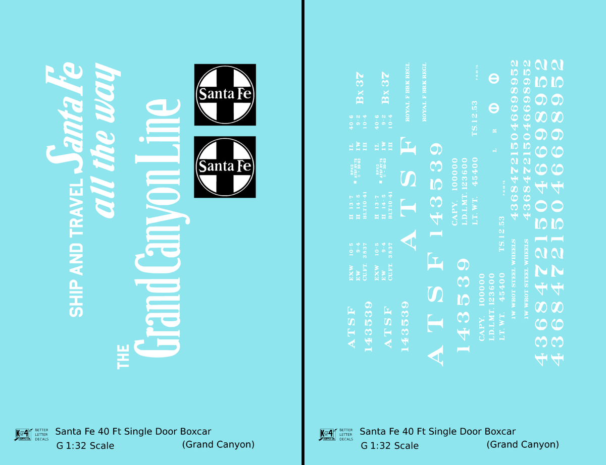Santa Fe 40 Ft Single Door Boxcar White Grand Canyon - Decal - Choose Scale