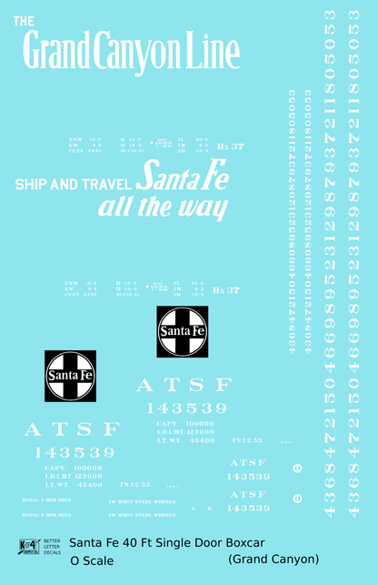 Santa Fe 40 Ft Single Door Boxcar White Grand Canyon - Decal - Choose Scale