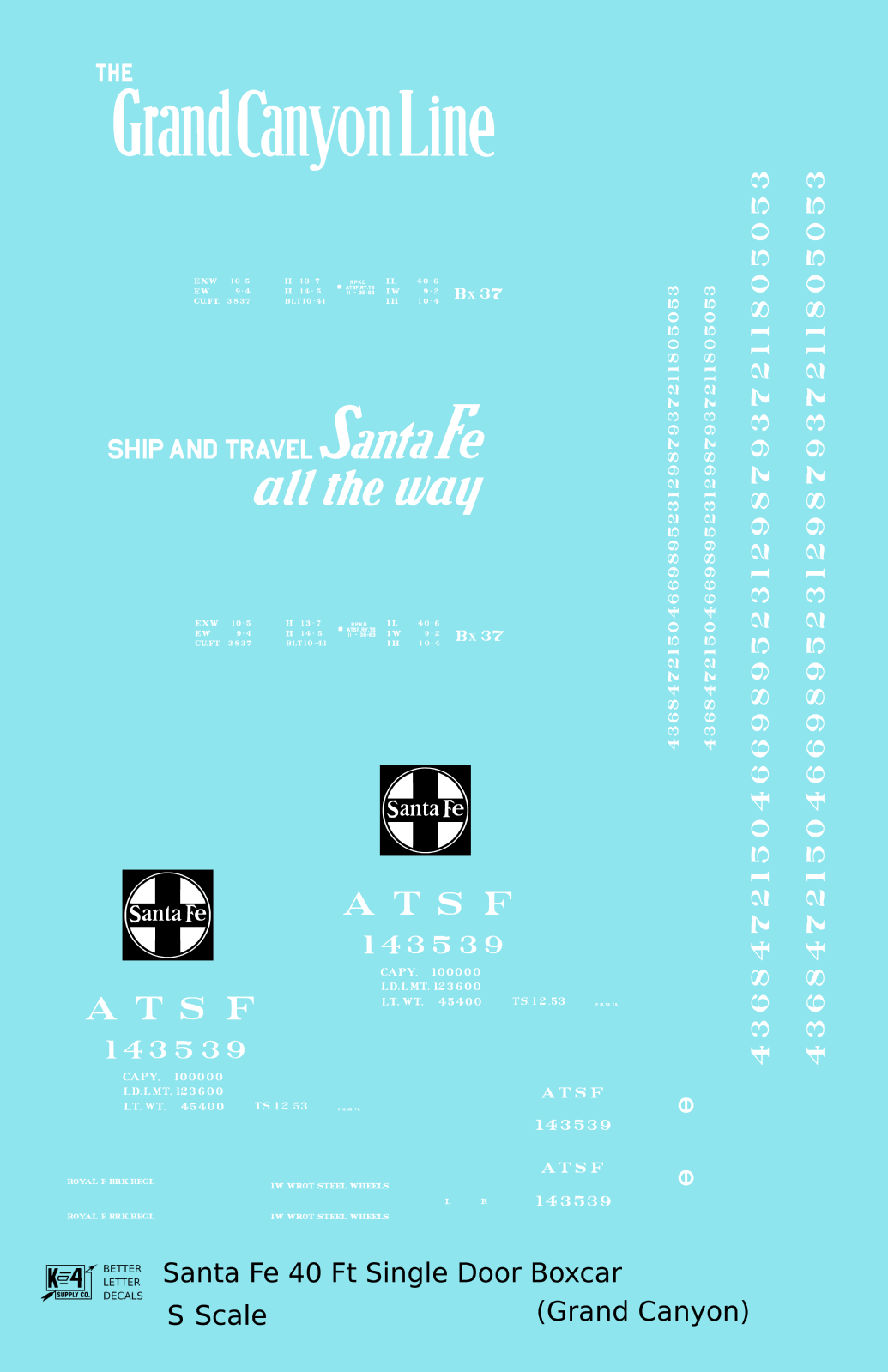 Santa Fe 40 Ft Single Door Boxcar White Grand Canyon - Decal - Choose Scale