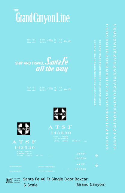 Santa Fe 40 Ft Single Door Boxcar White Grand Canyon - Decal - Choose Scale