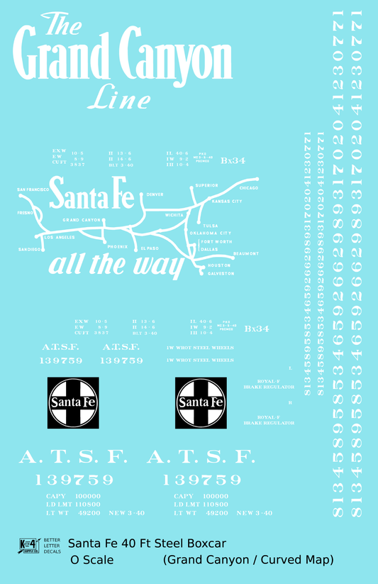 Santa Fe 40 Ft Single Door Boxcar White Grand Canyon Curvy Map - Decal Sheet