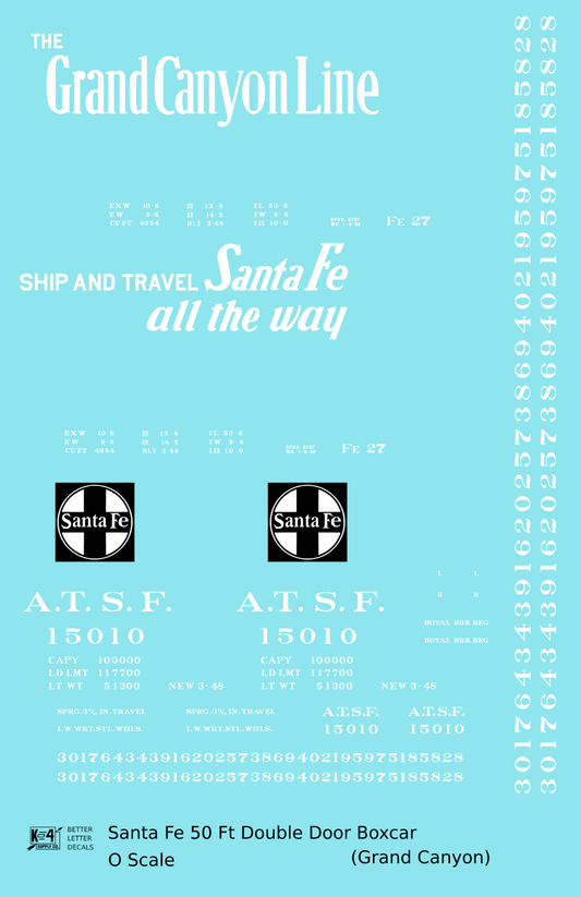 Santa Fe 50 Ft Double Door Boxcar White Grand Canyon - Decal Sheet