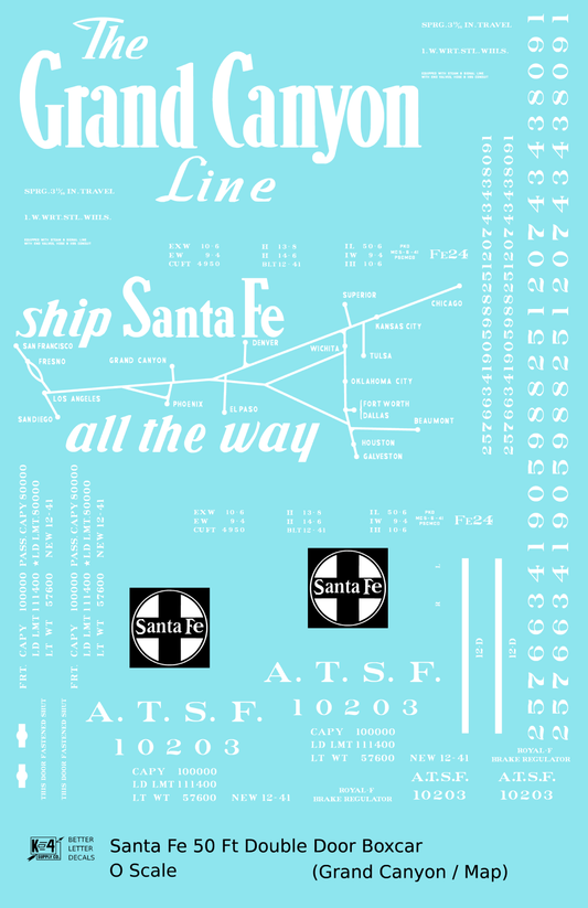 Santa Fe 50 Ft Double Door Boxcar White Grand Canyon/Map - Decal Sheet