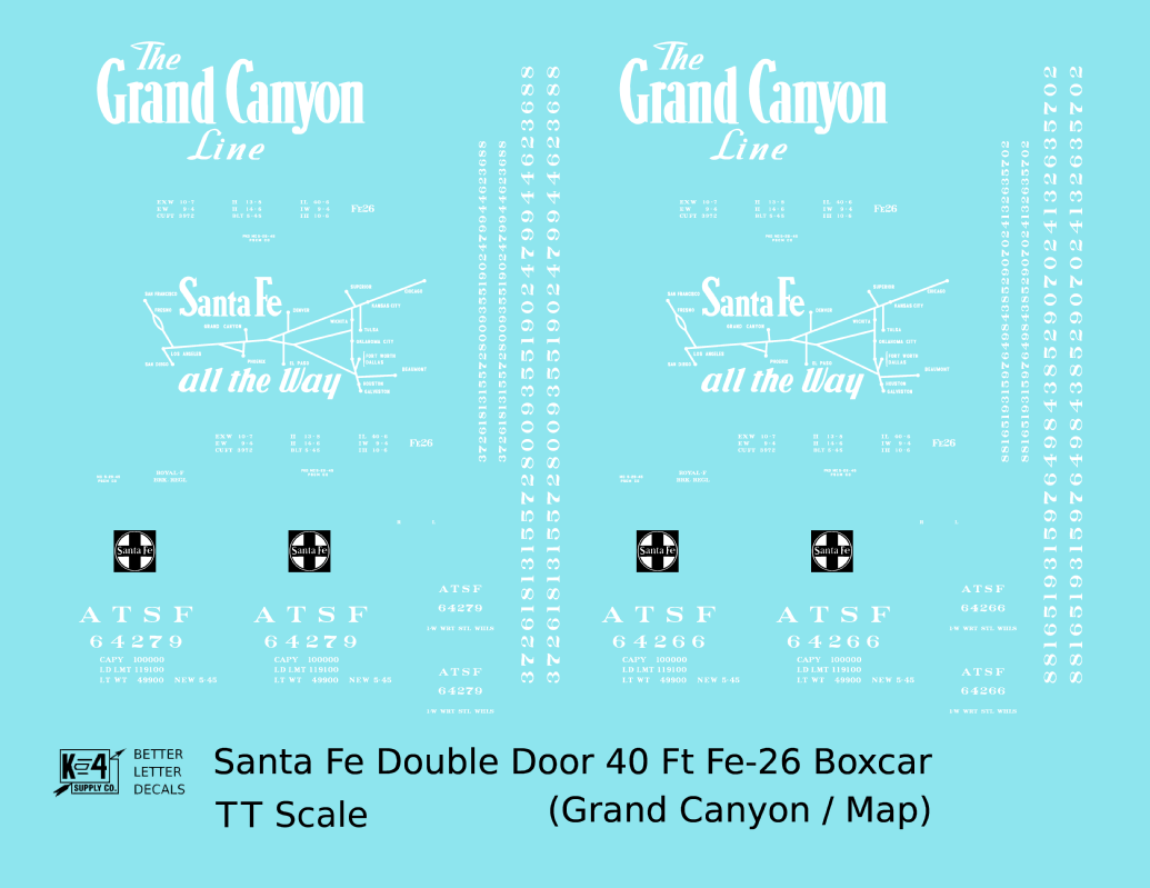 Santa Fe 40 Ft Double Door Fe-26 Boxcar White Grand Canyon/Map - Decal - Choose Scale