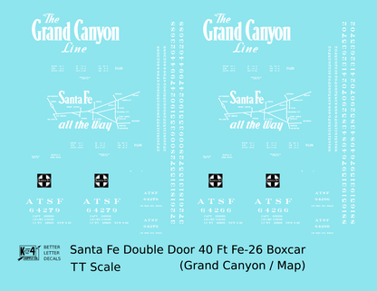 Santa Fe 40 Ft Double Door Fe-26 Boxcar White Grand Canyon/Map - Decal - Choose Scale