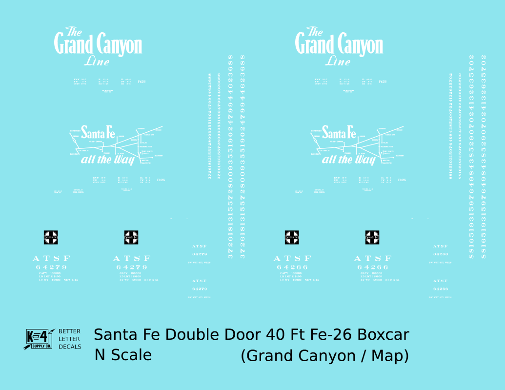 Santa Fe 40 Ft Double Door Fe-26 Boxcar White Grand Canyon/Map - Decal - Choose Scale
