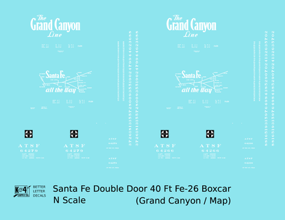 Santa Fe 40 Ft Double Door Fe-26 Boxcar White Grand Canyon/Map - Decal - Choose Scale