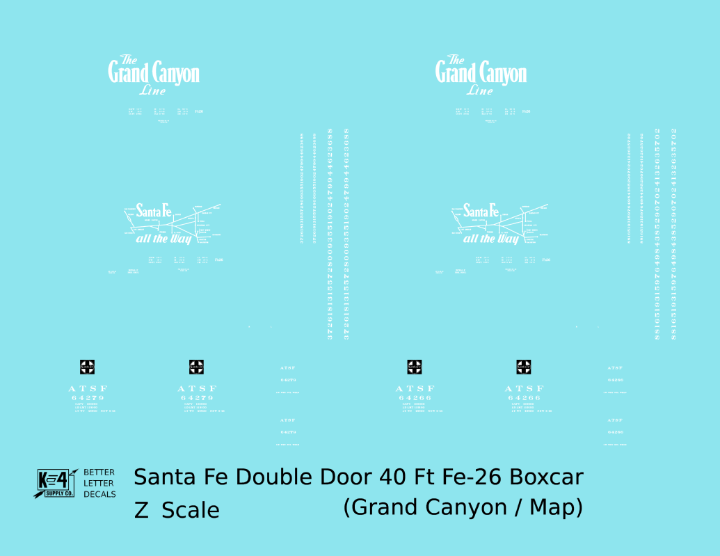 Santa Fe 40 Ft Double Door Fe-26 Boxcar White Grand Canyon/Map - Decal - Choose Scale