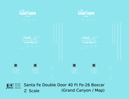 Santa Fe 40 Ft Double Door Fe-26 Boxcar White Grand Canyon/Map - Decal - Choose Scale
