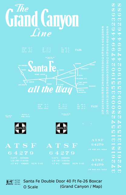 Santa Fe 40 Ft Double Door Fe-26 Boxcar White Grand Canyon/Map - Decal - Choose Scale