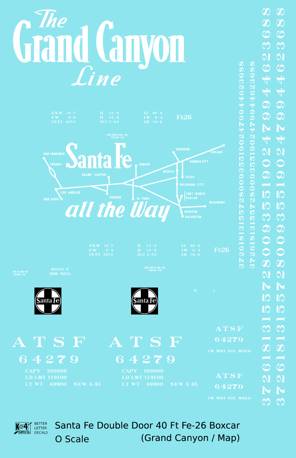 Santa Fe 40 Ft Double Door Fe-26 Boxcar White Grand Canyon/Map - Decal Sheet