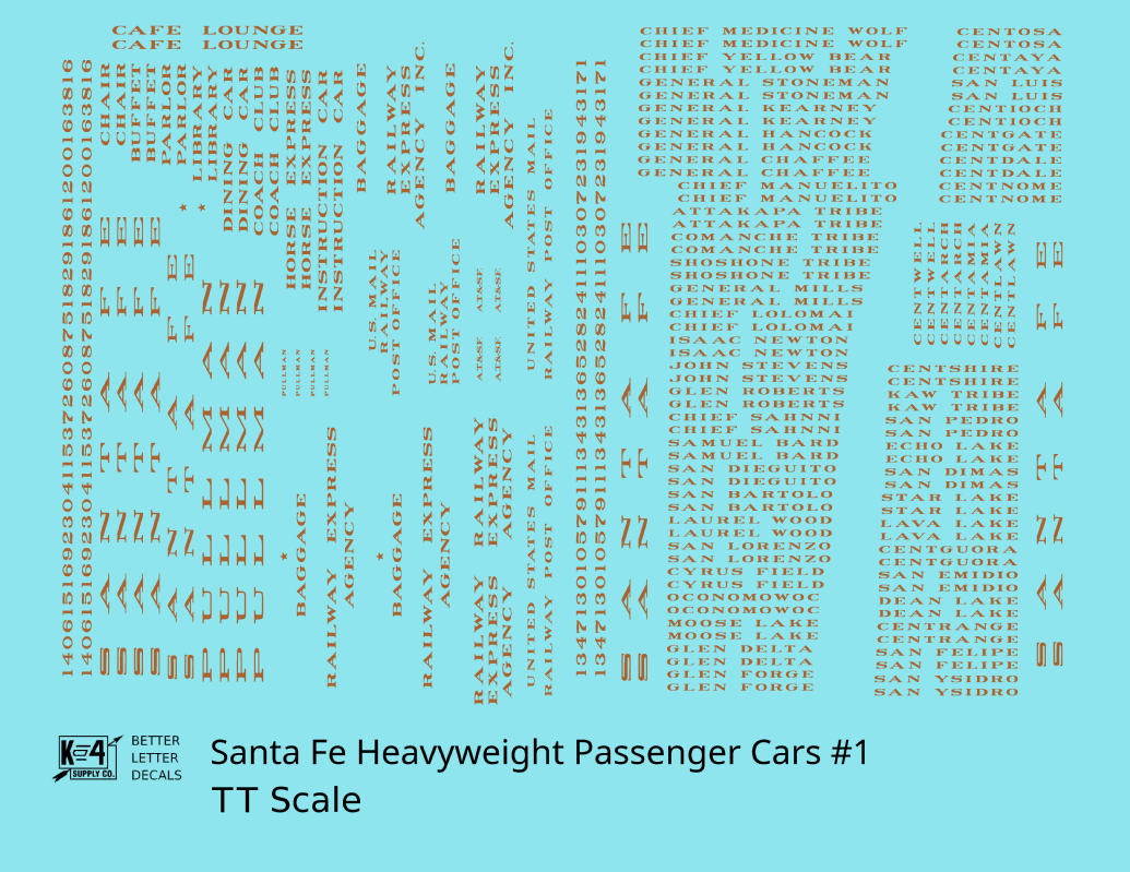 Santa Fe Heavyweight Passenger Cars Bronze Gold #1 - Decal - Choose Scale