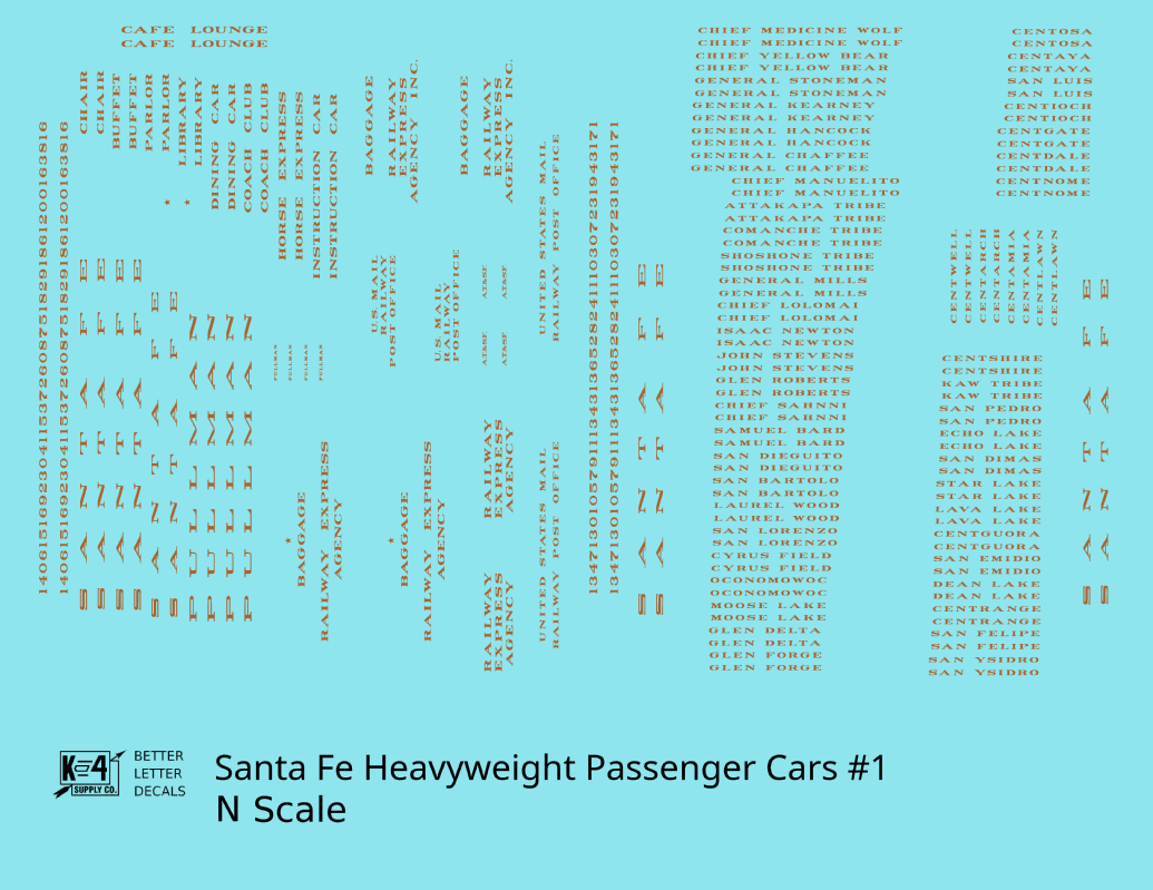 Santa Fe Heavyweight Passenger Cars Bronze Gold #1 - Decal - Choose Scale