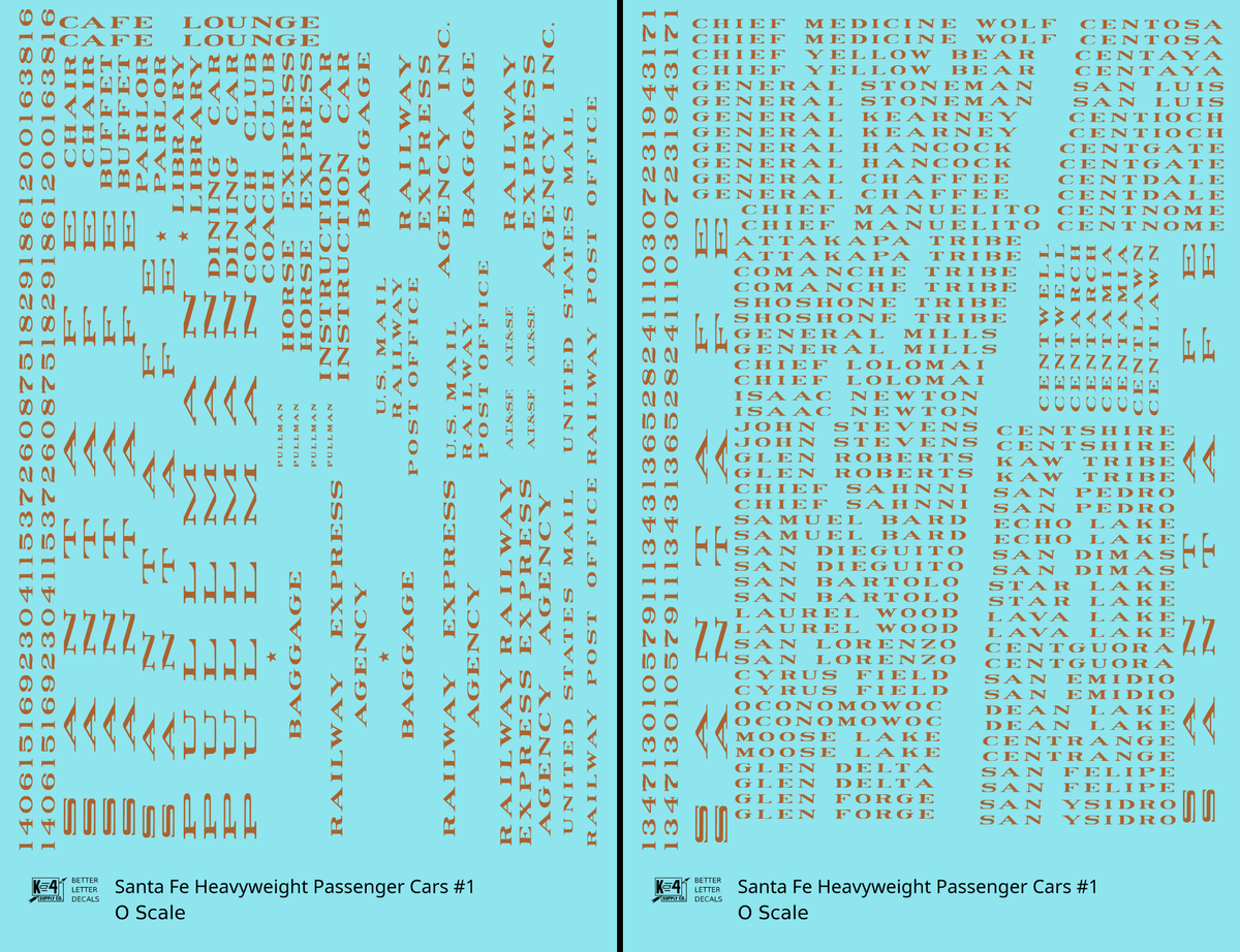Santa Fe Heavyweight Passenger Cars Bronze Gold #1 - Decal - Choose Scale