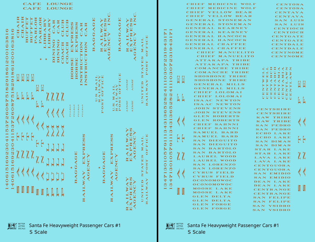 Santa Fe Heavyweight Passenger Cars Bronze Gold #1 - Decal - Choose Scale