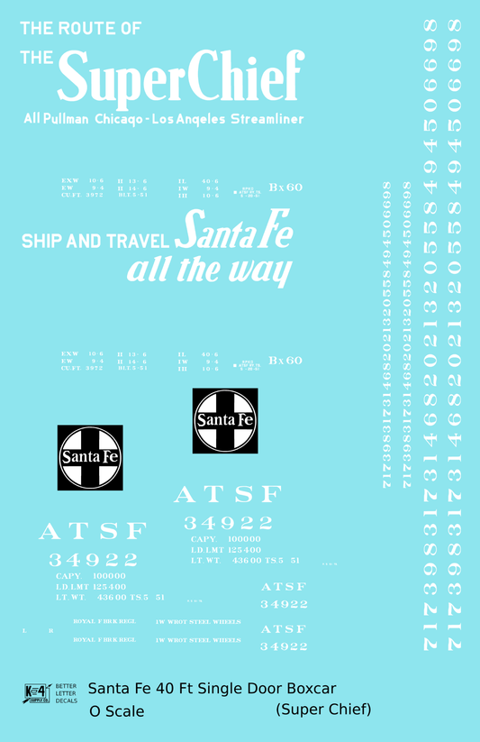 Santa Fe 40 Ft Single Door Boxcar White Super Chief - Decal Sheet