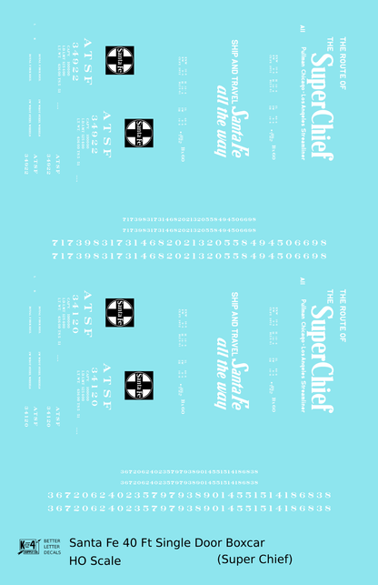 Santa Fe 40 Ft Single Door Boxcar White Super Chief - Decal - Choose Scale