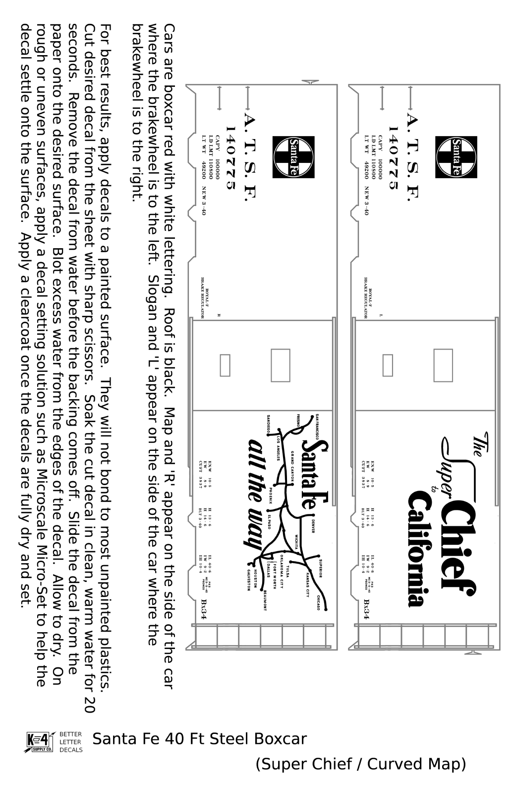 Santa Fe 40 Ft Single Door Boxcar White Super Chief Curvy Map - Decal