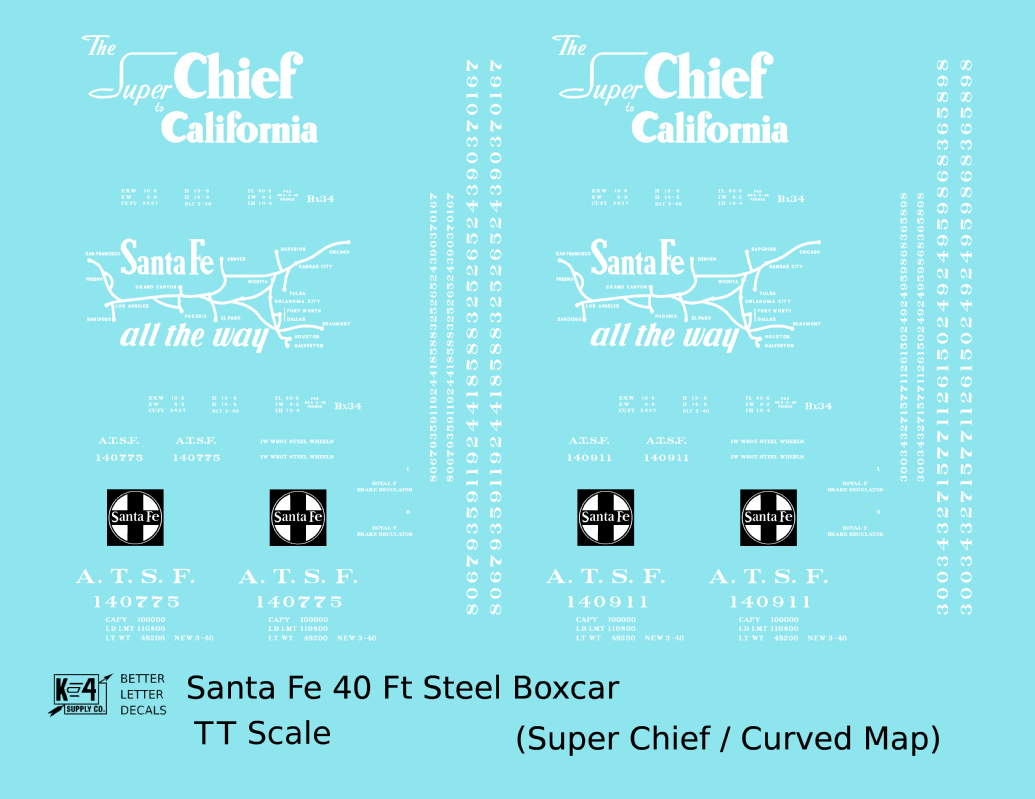 Santa Fe 40 Ft Single Door Boxcar White Super Chief Curvy Map - Decal - Choose Scale