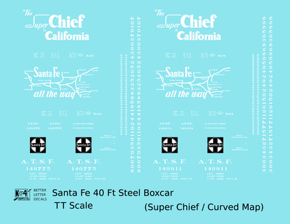 Santa Fe 40 Ft Single Door Boxcar White Super Chief Curvy Map - Decal - Choose Scale