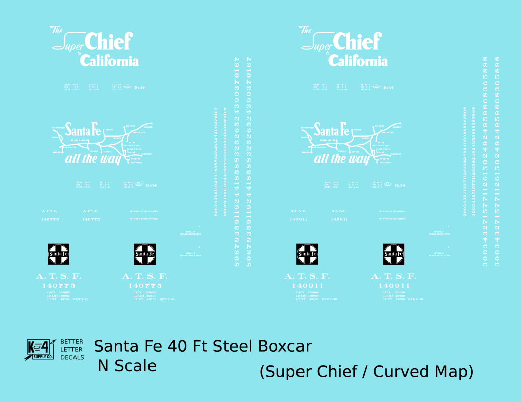 Santa Fe 40 Ft Single Door Boxcar White Super Chief Curvy Map - Decal - Choose Scale