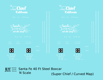Santa Fe 40 Ft Single Door Boxcar White Super Chief Curvy Map - Decal - Choose Scale