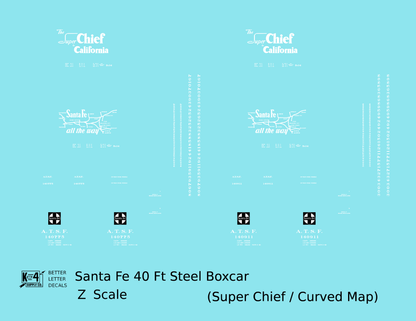 Santa Fe 40 Ft Single Door Boxcar White Super Chief Curvy Map - Decal - Choose Scale