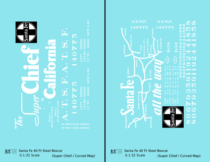 Santa Fe 40 Ft Single Door Boxcar White Super Chief Curvy Map - Decal - Choose Scale