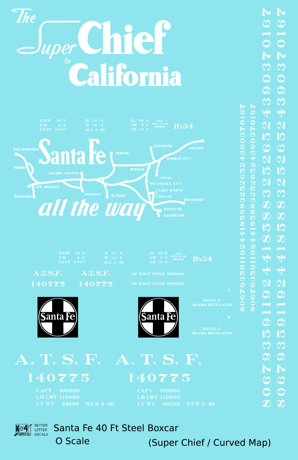 Santa Fe 40 Ft Single Door Boxcar White Super Chief Curvy Map - Decal Sheet