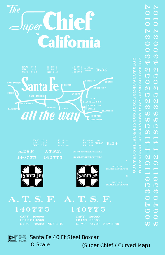 Santa Fe 40 Ft Single Door Boxcar White Super Chief Curvy Map - Decal Sheet