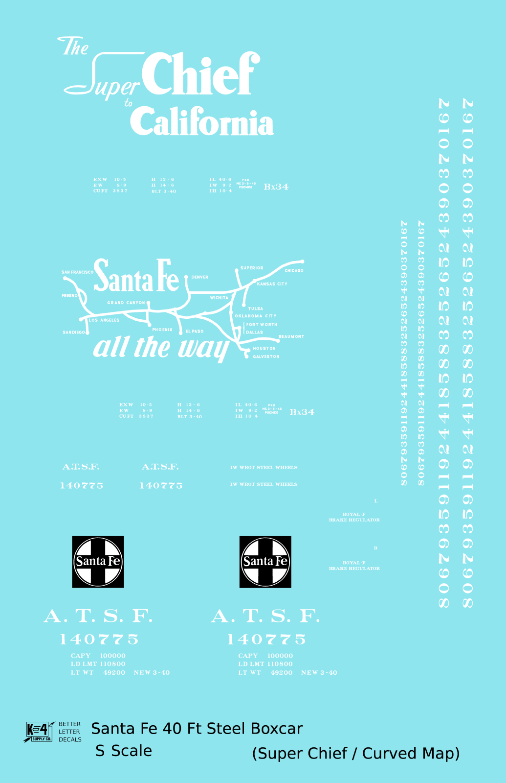Santa Fe 40 Ft Single Door Boxcar White Super Chief Curvy Map - Decal - Choose Scale