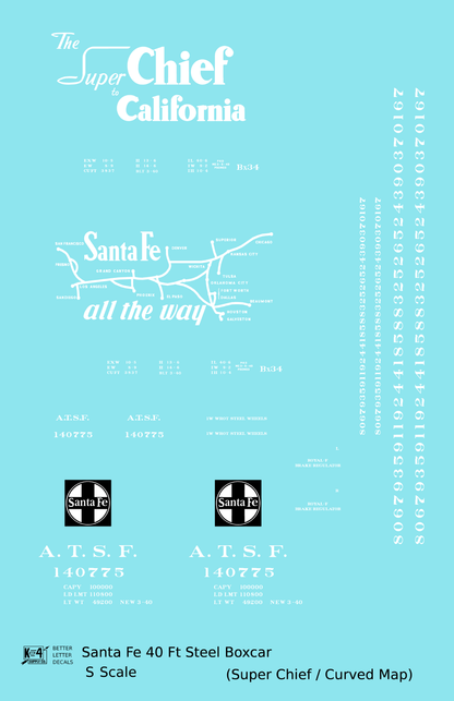 Santa Fe 40 Ft Single Door Boxcar White Super Chief Curvy Map - Decal - Choose Scale