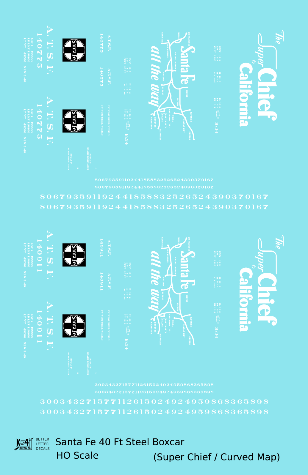 Santa Fe 40 Ft Single Door Boxcar White Super Chief Curvy Map - Decal - Choose Scale