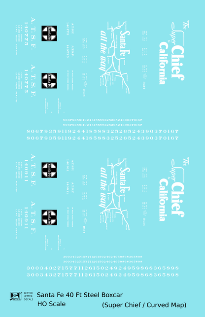 Santa Fe 40 Ft Single Door Boxcar White Super Chief Curvy Map - Decal - Choose Scale