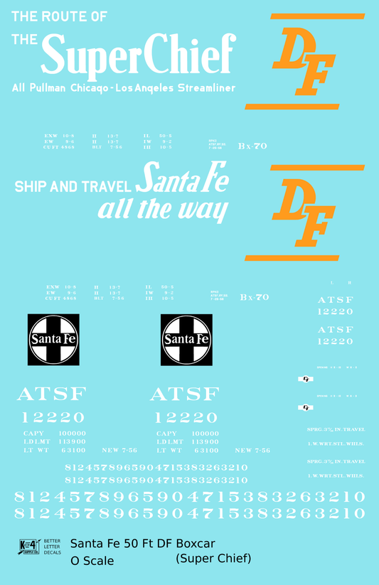 Santa Fe 50 Ft DF Boxcar White and Orange Super Chief - Decal Sheet