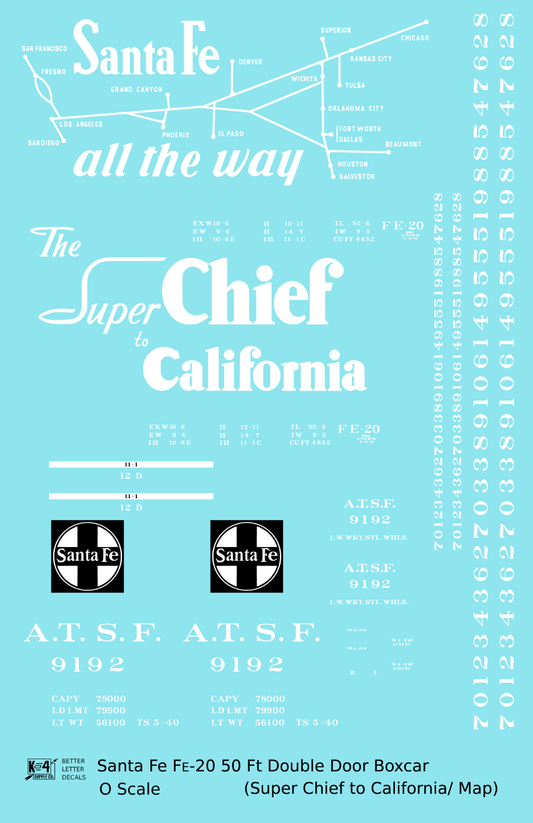 Santa Fe 50 Ft Double Door Fe-20 Boxcar White Super Chief/Map - Decal Sheet