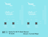Santa Fe 40 Ft Single Door Boxcar White Scout Curvy Map - Decal - Choose Scale
