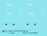 Santa Fe 40 Ft Single Door Boxcar White Scout Curvy Map - Decal - Choose Scale