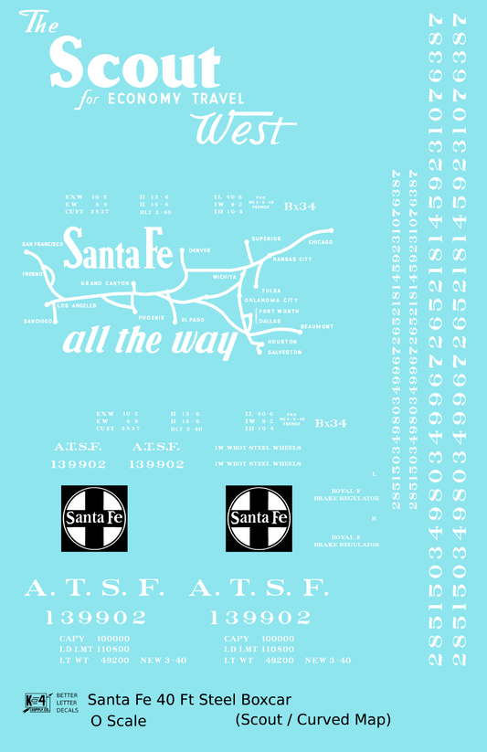 Santa Fe 40 Ft Single Door Boxcar White Scout Curvy Map - Decal Sheet