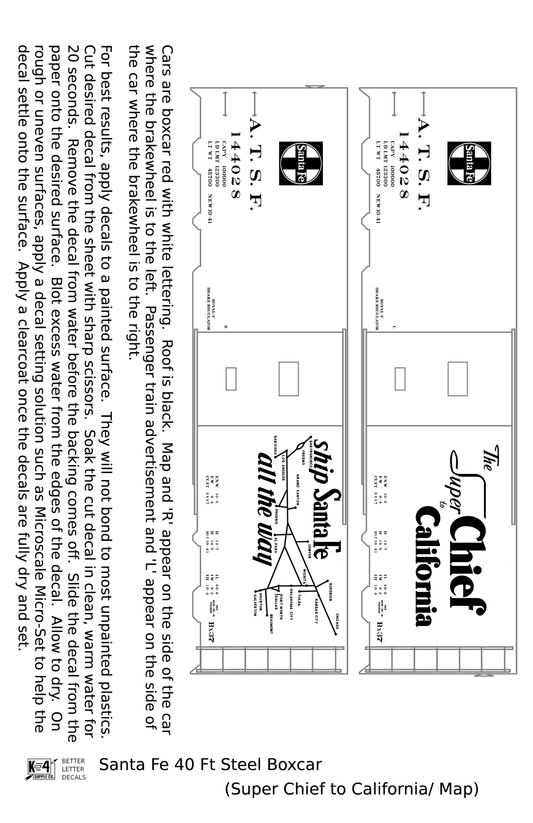 Santa Fe 40 Ft Single Door Boxcar White Super Chief/Map - Decal