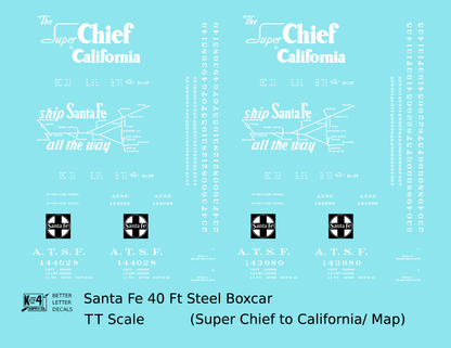 Santa Fe 40 Ft Single Door Boxcar White Super Chief/Map - Decal - Choose Scale