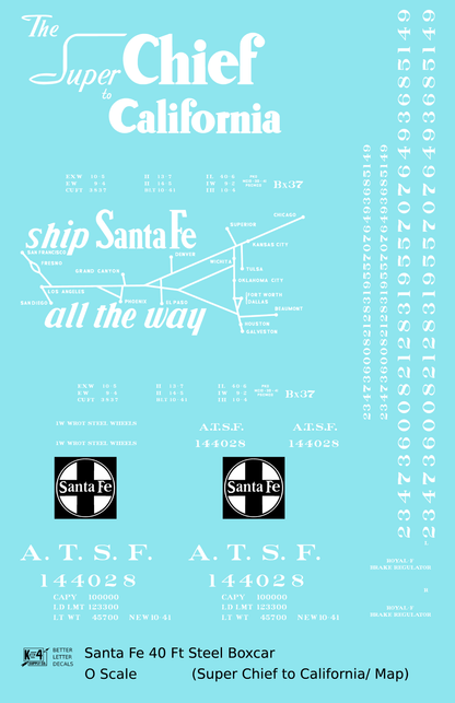 Santa Fe 40 Ft Single Door Boxcar White Super Chief/Map - Decal Sheet