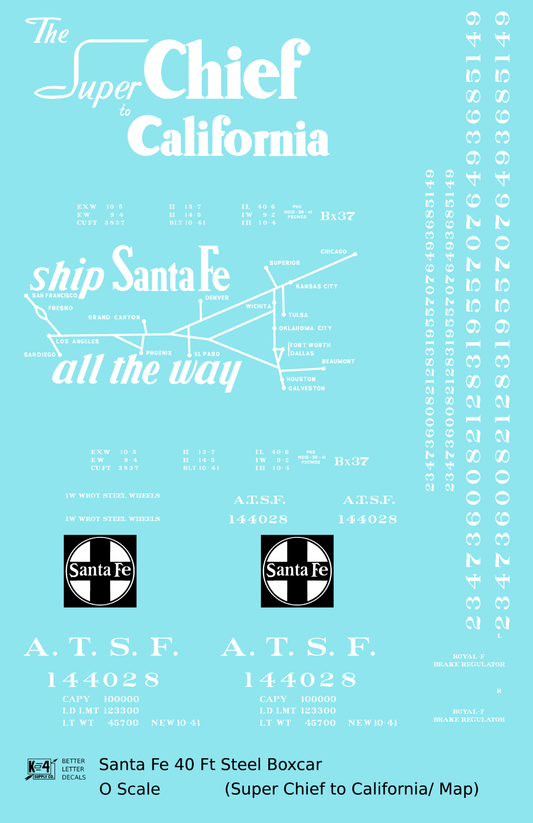 Santa Fe 40 Ft Single Door Boxcar White Super Chief/Map - Decal Sheet